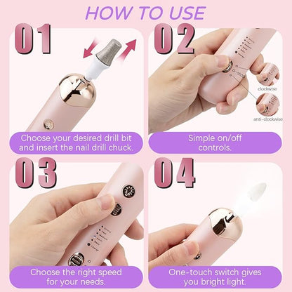 Professional Manicure Pedicure Kit, Electric Nail File Set, Cordless Electric Nail Drill Machine, 5 Speeds Hand Foot Care Nail Drill for Thick Nail Toenail Cuticle with 9Pcs Drawing Brushes