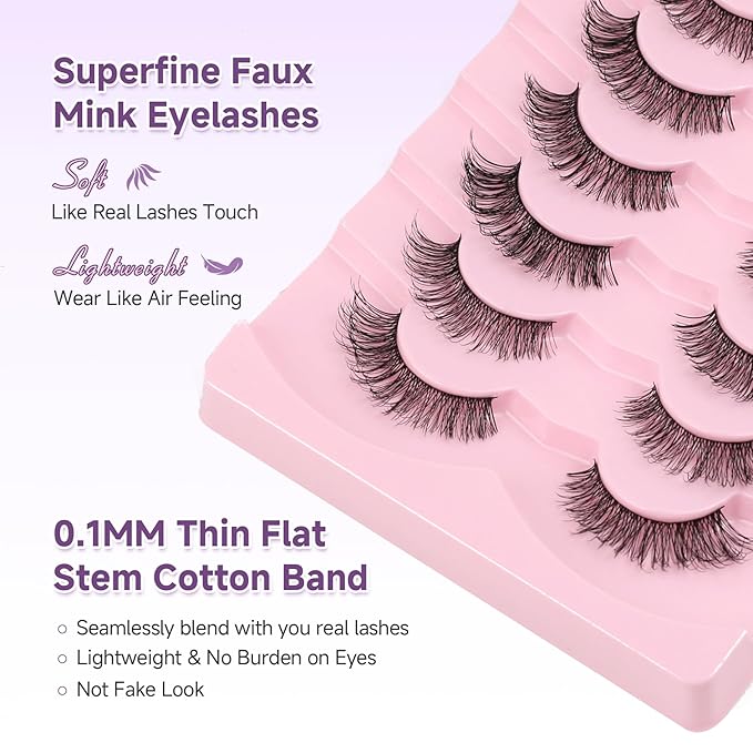 Wispy Lashes Natural Cat Eye Lashes 14mm False Eyelashes Thin Memory Band Volume False Lashes Soft Strip Lashes Pack C Curl Natural Eyelashes Fake Eyelashes 7 Pair EVENTILL