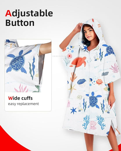 Abahub Surf Poncho Women & Men Towel Poncho Adult with Hood, Thick Quick Dry Changing Poncho Towel, Microfiber Wearable Cover Up for Surfing Beach Swim - Absorbent Changing Towel S (White seabed)