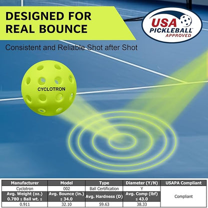 cyclotron 6-Pack Premium Pickleball Balls - USAP Approved, 40 Holes Outdoor/Indoor Pickle Balls with Bag, Perfectly Balanced, High Bounce True Flight, Pickle Ball for Tournament Play
