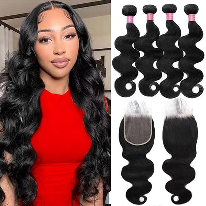 12A Body Wave 4 Bundles With 5x5 Closure (16 18 20 22 +14 Inch) Body Wave Bundles with Closure Human Hair 100% Unprocessed Brazilian Virgin Quick Weave Bundles Human Hair Natural Black
