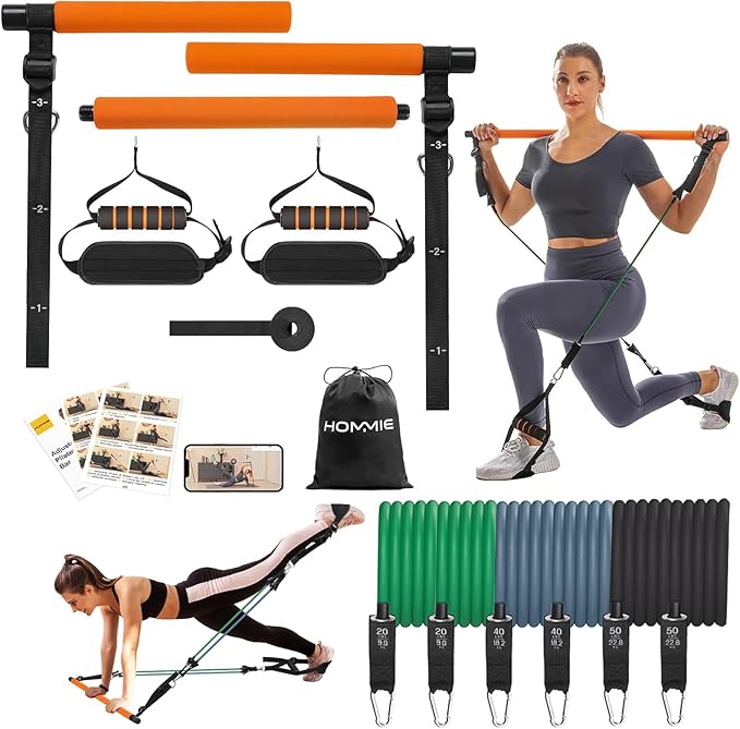 Hommie Portable Pilates Bar Kit with Resistance Bands for Men and Women，Upgraded 3 Section Pilates Bar with Resistance Bands (20-60lb) for Home Gym Equipment Supports Full-Body