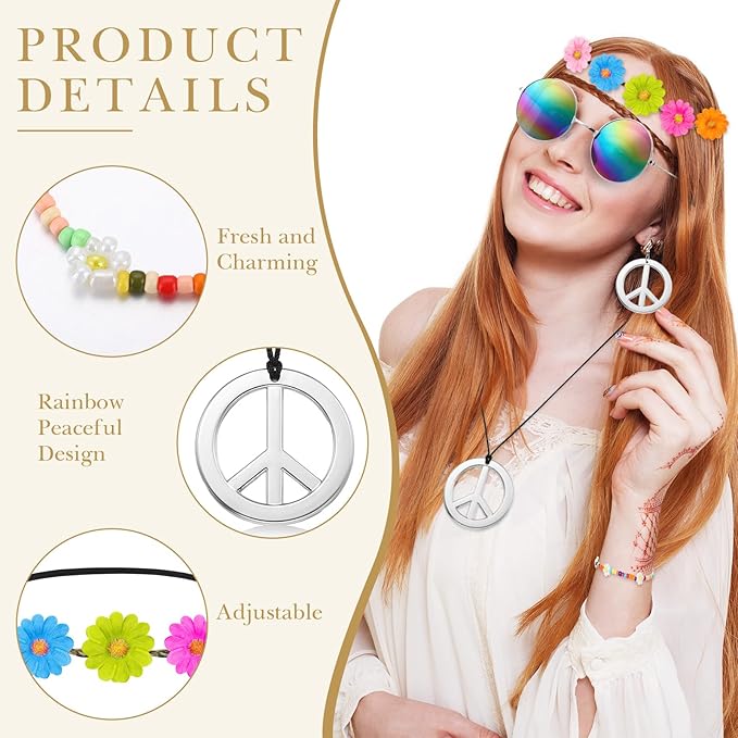 Batiyeer 6 Pcs Hippie Costume Accessories Set, Boho Peace Sign Daisy Flower 60s 70s Party Favors Decor for Groovy Party Women