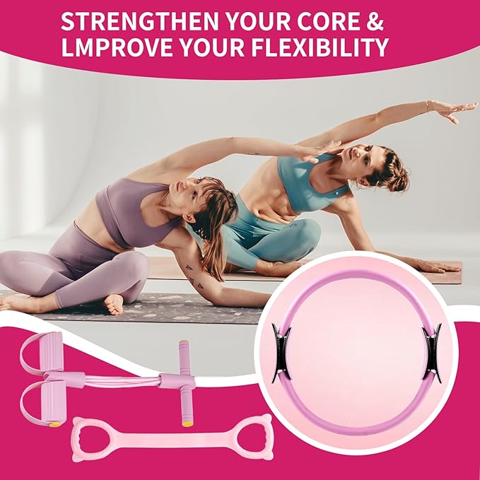 8pcs Pilates Ring Set,Pilates Exercise Equipment Set with 6-Tube Pedal Resistance Band 5Pcs Resistance Bands Open-Back Fitness Figure for Strength Flexibility Stability and Body Toning