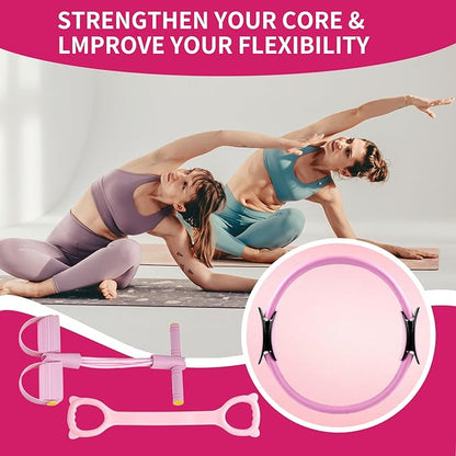 8pcs Pilates Ring Set,Pilates Exercise Equipment Set with 6-Tube Pedal Resistance Band 5Pcs Resistance Bands Open-Back Fitness Figure for Strength Flexibility Stability and Body Toning