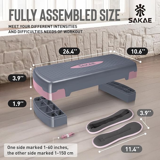 SAKAE Exercise Step Platform Set with Ankle Weights & Measuring Tape, Adjustable Height 2 Level Risers Workout Step Trainer, Aerobic Steppers for Home Gym Exercise Fitness Workout, Multiple Colors