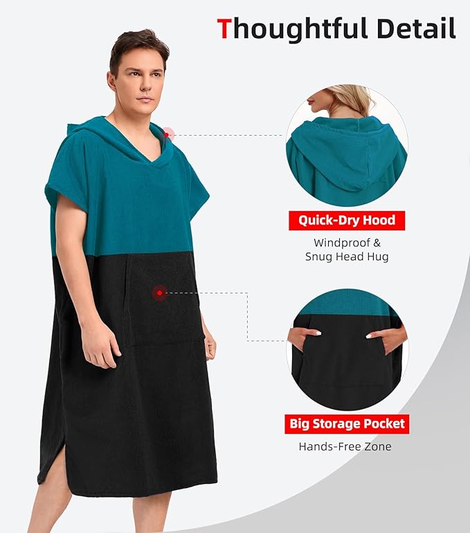 Abahub Surf Poncho Men & Women Towel Poncho Adult with Hood, Thick Quick Dry Changing Poncho Towel, Microfiber Wearable Cover Up for Surfing Beach Swim - Absorbent Changing Towel L (Dark Green/Black)