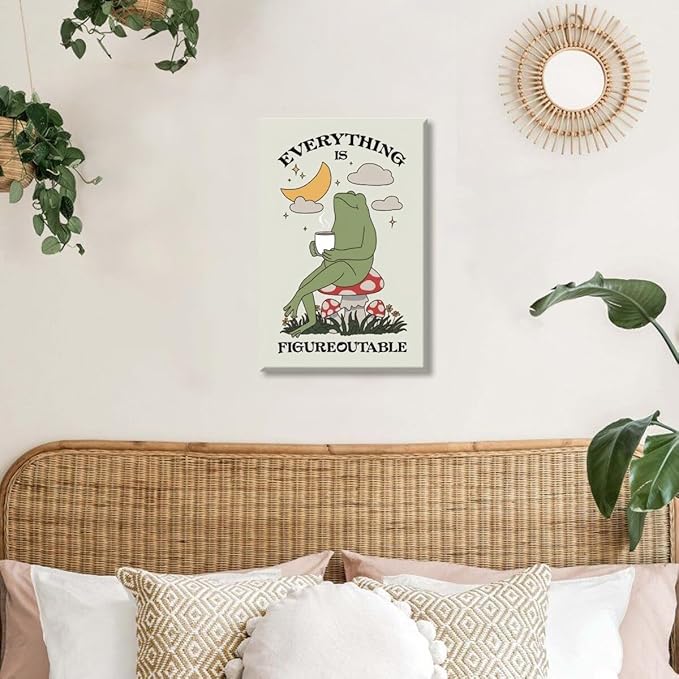 Everything is Figureoutable Motivational Canvas Wall Art Print Frog with Coffee Quote Inspirational Art Poster Mental Health Home Office Affirmation Wall Decor Minimalist Picture 16x24inch Unframed