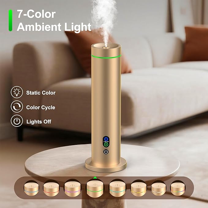 Waterless Diffuser, 1000 Sq.Ft Coverage, Essential Oil Diffuser with Tilt-Safe, Remote Control, Adjustable Mist Mode, Mood Lights Aromatherapy Diffuser for Home, Large Room, Office, Hotel, Gold