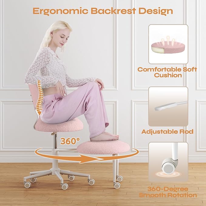 Ergonomic Cross Legged Office Chair with Wheels, ADHD Chair for Adults, Meditation Chair, Yoga Office Chair, Comfortable Back Support, Height Adjustable,Small Spaces, Teddy Fabric, Pink