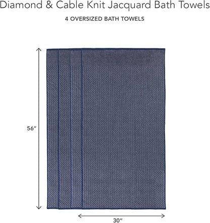 Texere 100% Organic Cotton Jacquard 650 GSM Premium Bath Towel Sets - Extra Absorbent Quick Dry and Plush (Cable, Estate Blue, 4 Bath Towels)
