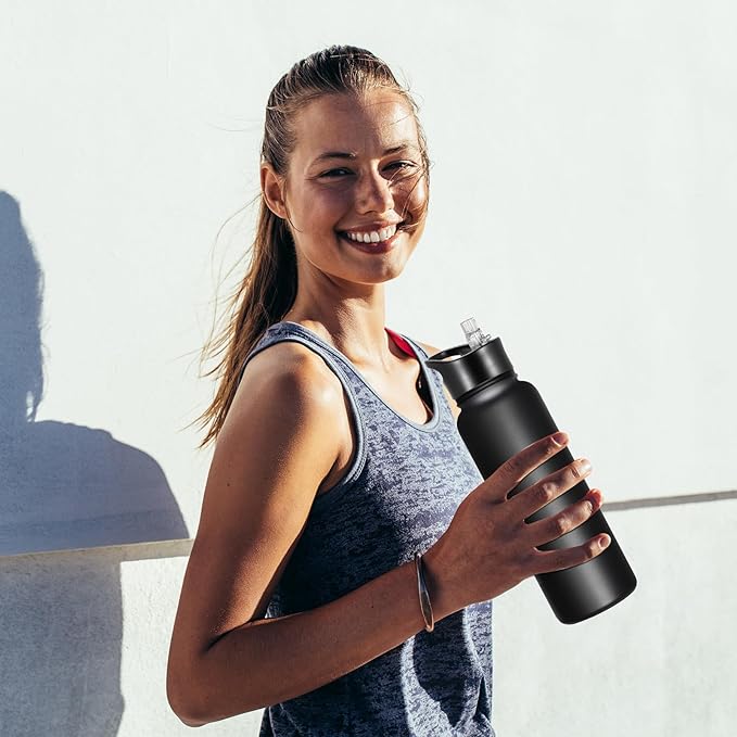 40 oz Insulated Water Bottle with Straw, Stainless Steel Sports Water Bottles with 2 Lids (Straw and Wide Mouth lid), Double Wall Vacuum, Leakproof, BPA-Free, Black