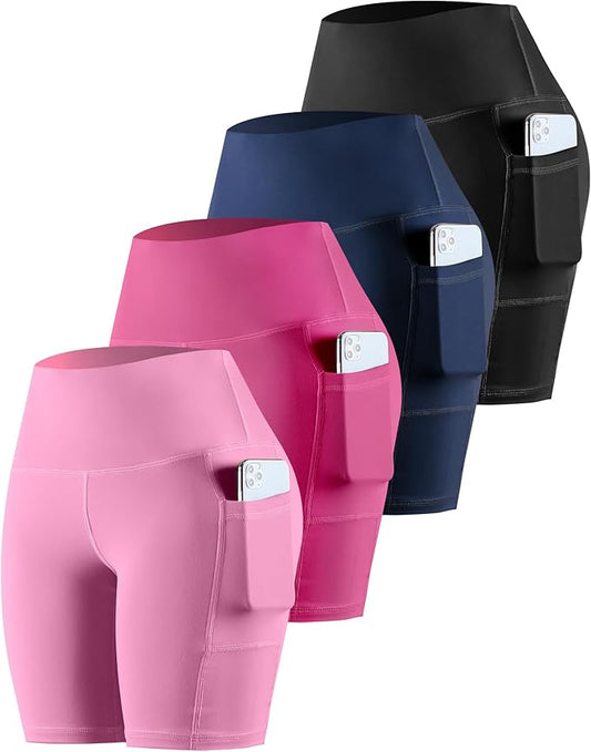 CHRLEISURE Womens Biker Yoga Shorts with Pockets: High Waisted Tummy Control Spandex Workout Athletic Gym Shorts 4 Packs