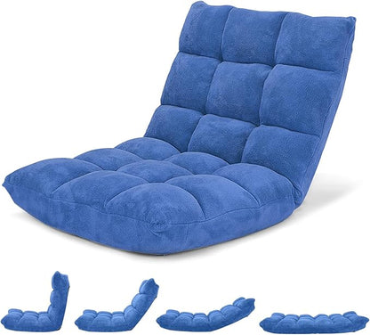 GORELAX Memory Foam Floor Chair, 14-Poistion Adjustable Floor Reading Gaming Chair Recliner, Folding Cushioned Meditation Chair with Back Support, Padded Lazy Sofa Chair for Adults, Kids (Blue)