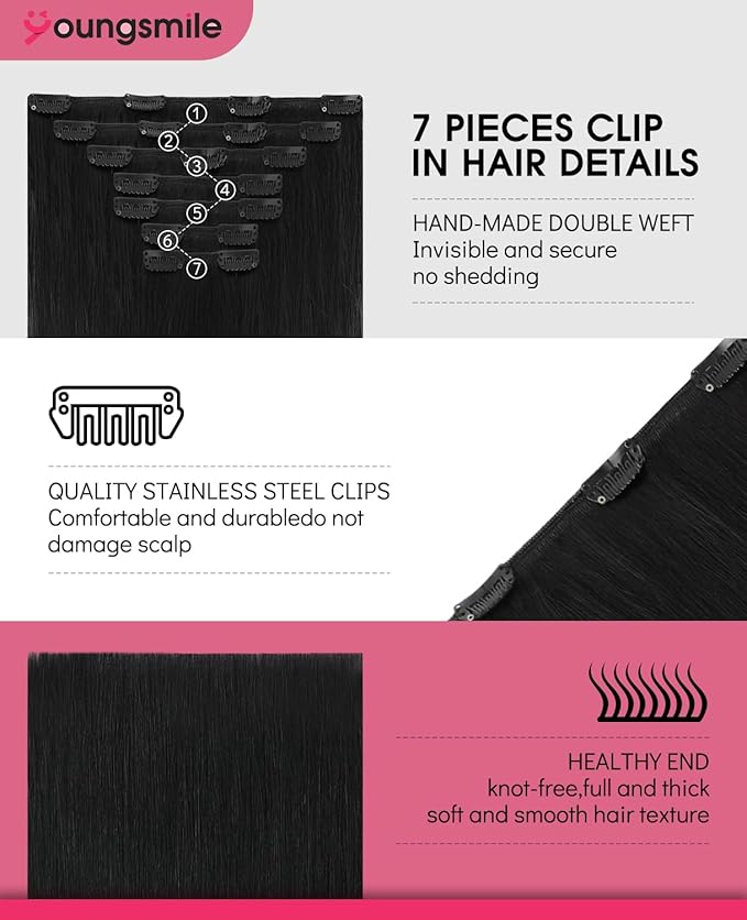 Youngsmile Clip in Hair Extensions Human Hair,18 Inch 160g 7pcs, #1 Jet Black Rallonge Cheveux Humain Thick End Clip in Real Hair Extensions Easy To Install for Full Head (7C#1-18Inch)