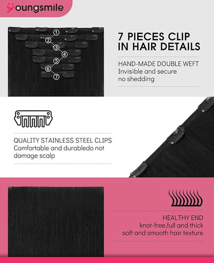 Youngsmile Clip in Hair Extensions Human Hair,Real Human Hair Extensions Clip in for Women,Double Drawn, Thick End, 16 Inch 140g 7pcs,#1 Color Jet Black (7C#1-16Inch)