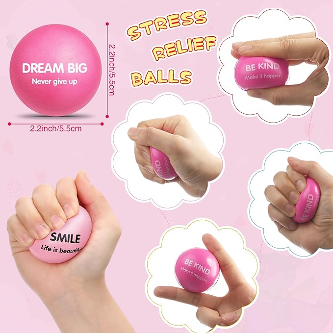 Liliful 48 Pieces Motivational Stress Balls Bulk for Adults Fidget Toys End of The Year Gifts Inspirational Squeeze Balls Employee Appreciation Gift Adult Goodie Bag 2. 2 Inch(Pink)