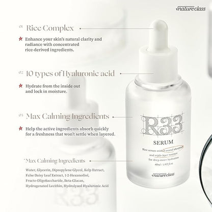 R33 Serum with Rice Complex & 10 Types of Hyaluronic Acid – Fast-Absorbing, Non-Sticky Hydrating Serum for 24-Hour Moisture, Calming, Korean Skincare (50ml / 1.69 fl.oz.)