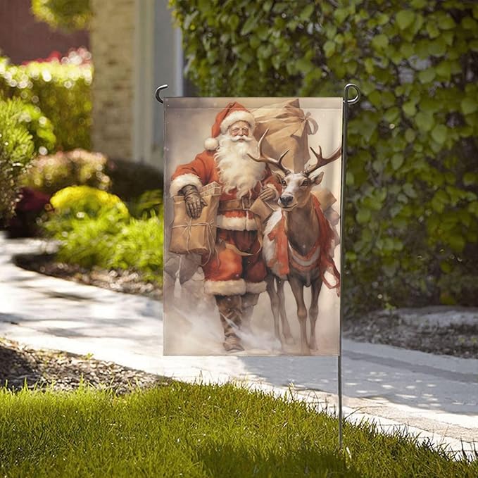 Santa Claus Reindeer Garden Flag 12x18 In Double Sided Yard Flags Lawn Sign Decor No Flagstand