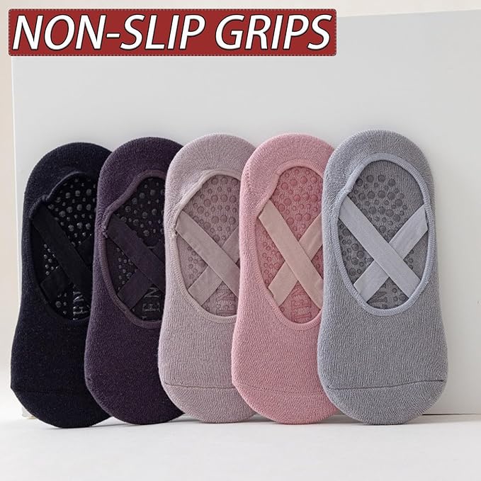 CHUNFO Grip Socks Womens Pilates Yoga Barre Non Slip Stripes Cotton Ankle Anti-Skid Sock Size 5-10
