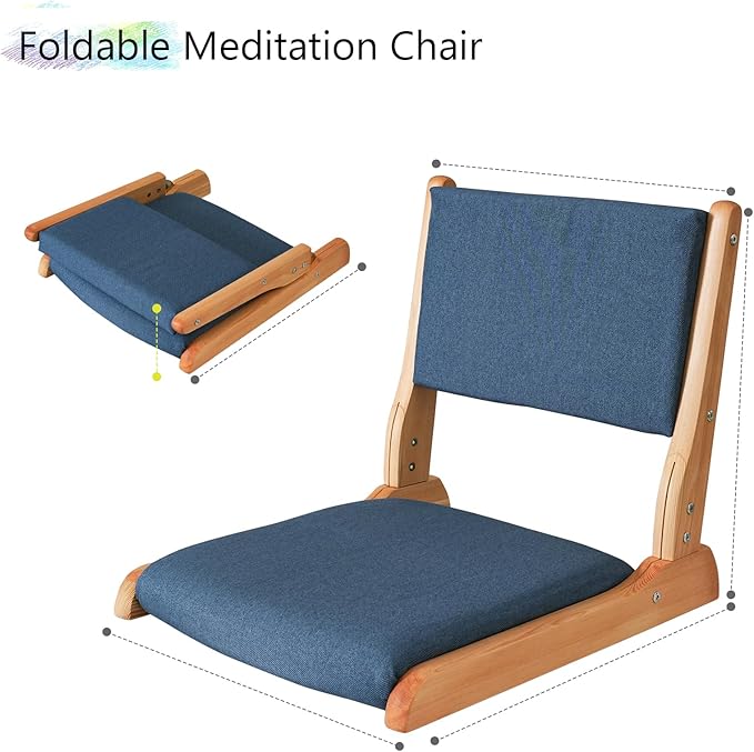 Japanese Floor Chair with Back Support, Foldable Meditation Chair, Legless Tatami Chair with Cushion, Floor Seat for Living Room, Bedroom, Bay Window (2, Blue)