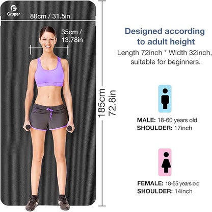 Yoga Mat Non Slip NBR Thick Yoga Mat, 72"L x 32"/24"W x 0.6"/0.4"TH (185cm x 80cm/61cm x 15mm/10mm), Anti-Tear Exercise Mat with Carrying Strap and Bag, Workout Mats for Yoga, Pilates, Floor Exercises