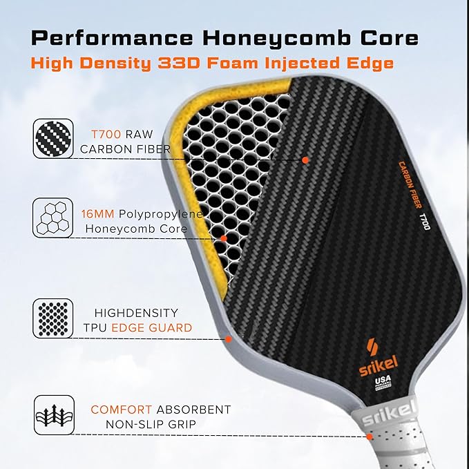 Pickleball Paddles, Raw T700 Carbon Fiber Pickleball Paddle, 16mm Power Polymer Core, Professional Rackets for Great Spin, Control & Precision Shots, USAPA Approved