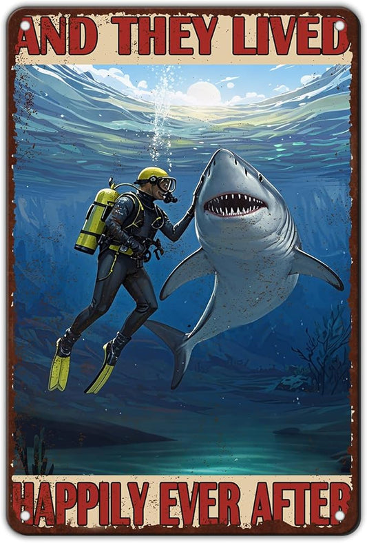 Diver And Shark Metal Tin Sign 8x12 Inch And They Lived Happily Ever After Poster Diver And Shark Tin Sign Home Kitchen Garden Bar Restaurant Cafe Office Shop Cave Man Are Wall Decor