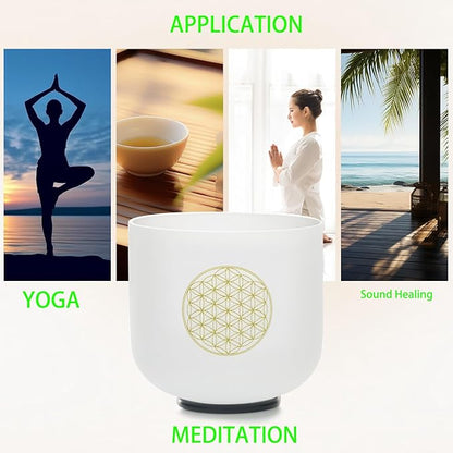 8" C Note 432HZ Flower of Life Crystal Singing Bowl Frosted Quartz Root Base Chakra Meditation Sound Healing with Durable Carrying Case Suede Striker O-ring