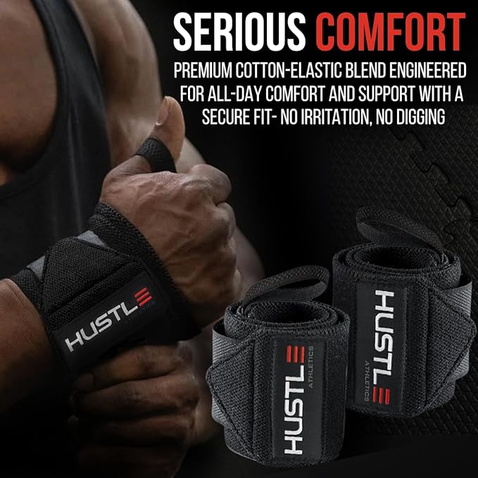 Hustle Athletics Wrist Wraps for Weightlifting – Max Wrist Support for Safe & Heavy Lifts, USPA Approved 18" & 12" Lengths, Thumb Loop Gym Straps for Powerlifting & Weight Lifting for Men and Women