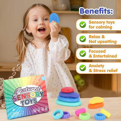 Fidget Sensory Stone Toys for Kids: 12 Pack Textured Soft Worry Stone Sensory Rings for Autism Kid Classroom Calming Down Tools Quiet Stress Anxiety Finger Toy Basket Stocking Stuffer