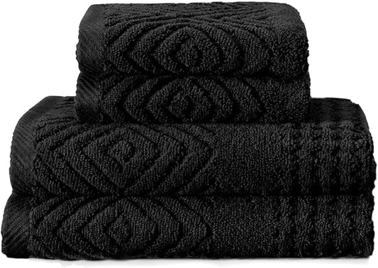 Texere 100% Organic Cotton Diamond Jacquard 700 GSM Luxury Bath Towel Sets - Ultra Soft and Absorbent Hotel and Spa Quality (Diamond, Black, 2 Hand & 2 Wash Towels)