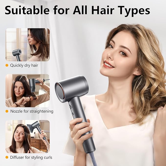 DYS0N-like Hair Dryer - 1 Min Fast Drying, High-Speed Blow Dryer with 500 Million Negative Ions, No Heat Damage, Low Noise, Lightweight, Professional Hairdryer with Diffuser & Nozzle, Gunmetal