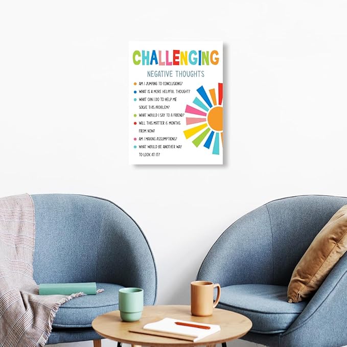 YEOION Challenging Negative Thoughts Wall Decor,Growth Mindset Wall Art Canvas Frame Print for Mental Health Therapy Office School Counselor Wall Decor