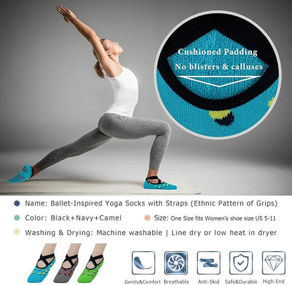 Ozaiic Yoga Socks for Women Non-Slip Grips & Straps, Ideal for Pilates, Pure Barre, Ballet, Dance, Barefoot Workout