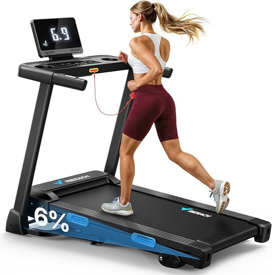 MERACH Treadmills for Home with Incline 6%-15%, 300 LBS Capacity Double Deck Foldable Treadmill with Incline, 0.5-7.5MPH Quiet 2.5HP Brushless Incline Treadmill LED Display with Smart APP