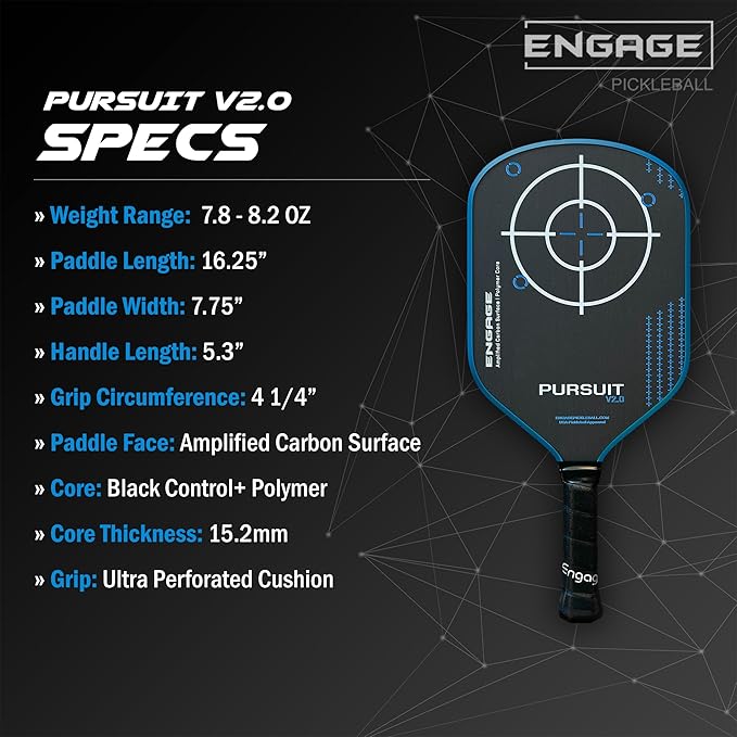 Engage Pursuit V2.0 Pickleball Paddle - Amplified Carbon Surface for Superior Control & Spin with Response+ Polymer Core, USAPA Approved - Designed for Players of Any Skill Level
