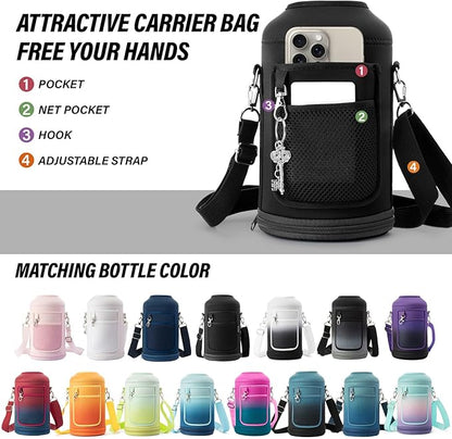 Insulated Water Bottle | Thickened Stainless Steel Vacuum Metal | Portable Sports Half Gallon Large Water Jug for Gym and Hiking with Straw, Carrier Bag, Handle Strap | BPA-Free 64 oz