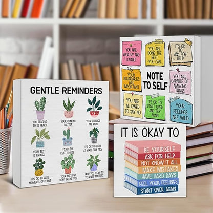 3 Pcs Mental Health Wood Signs Decor Psychology Wood Block Signs Gentle Reminders Note to Self It Is Okay to Be Yourself Wooden Box Signs Classroom Therapy Office Decorations