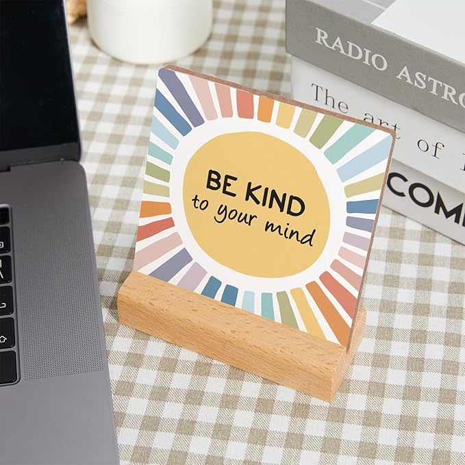 Mental Health Inspirational Gift, Colorful Positive Self Affirmations Wood Sign with Wooden Stand, Counseling Office Must Haves, Positive Gifts for Psychologist School Counselor Student Boy Girl