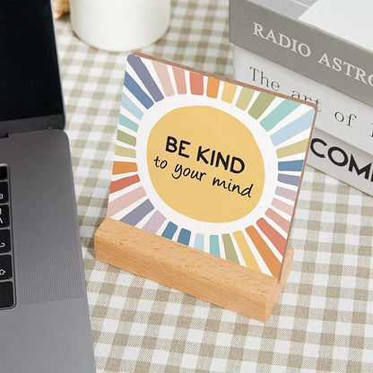 Mental Health Inspirational Gift, Colorful Positive Self Affirmations Wood Sign with Wooden Stand, Counseling Office Must Haves, Positive Gifts for Psychologist School Counselor Student Boy Girl