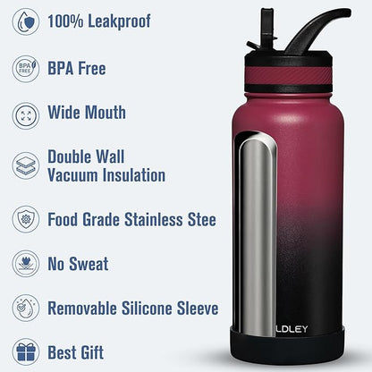 OLDLEY 32 oz Insulated Water Bottle With Straw, Stainless Steel Sports Water Cup Flask with 3 Lids(Straw, Spout and Handle Lid) Double Walled Travel Thermal Canteen Mug,Dark Rainbow