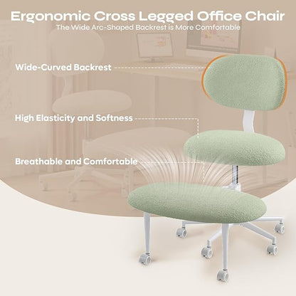 Ergonomic Cross Legged Office Chair with Wheels, ADHD Chair for Adults, Meditation Chair, Yoga Office Chair, Comfortable Back Support, Height Adjustable,Small Spaces, Teddy Fabric, Green