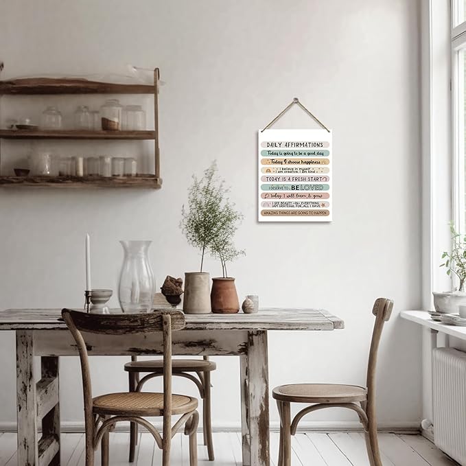 Hanging Plaque With Rope, Home Wall Decor Wood Daily Affirmations Sign, Door Decor Mental Health Wood Sign for Study Dining Room Psychological Counseling Office Bedroom, Farmhouse Art Plaque Gift -24