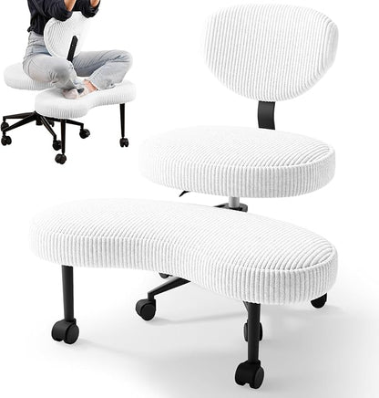 Ergonomic Cross Legged Chair, Wide Vanity Chair with Wheels, Meditation Chair for ADHD, Comfortable Adjustable Swivel Computer Office Desk Chairs for Home, Make Up, Bed Room, Corduroy Fabric, White
