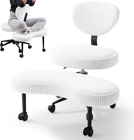 Ergonomic Cross Legged Chair, Wide Vanity Chair with Wheels, Meditation Chair for ADHD, Comfortable Adjustable Swivel Computer Office Desk Chairs for Home, Make Up, Bed Room, Corduroy Fabric, White