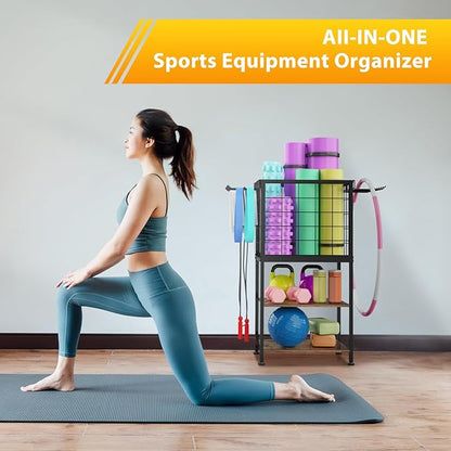 Dumbbell Rack for Home Weight Rack for Home Gym Yoga Mat Storage Rack Black Workout Equipment Storage Organizer with Hooks Yoga Mat Holder with Wheels for Yoga Block, Dumbbell, Resistance Band