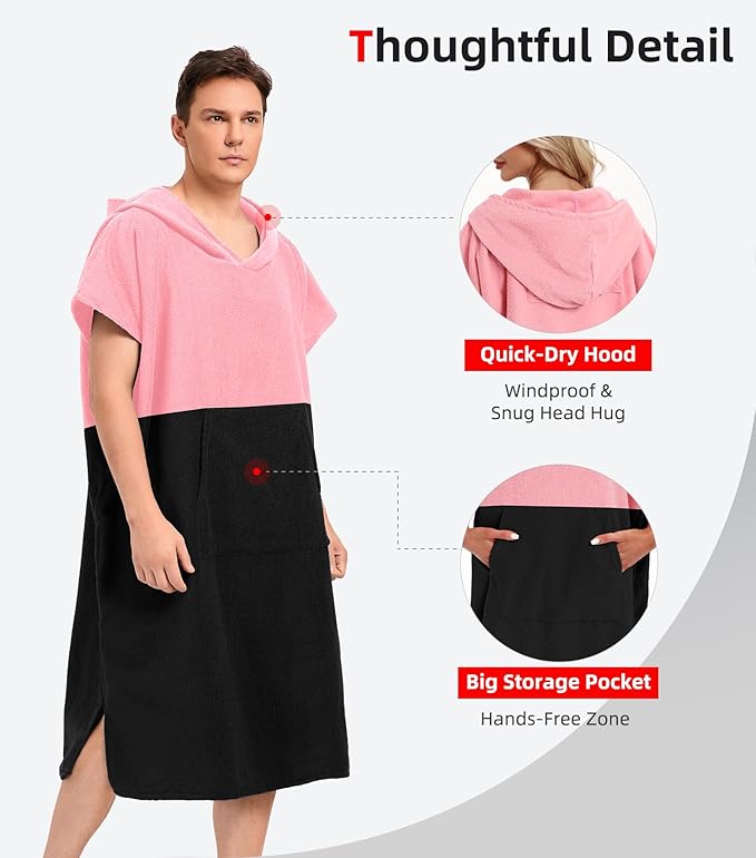 Abahub Surf Poncho Men & Women Towel Poncho Adult with Hood, Thick Quick Dry Changing Poncho Towel, Microfiber Wearable Cover Up for Surfing Beach Swim - Absorbent Changing Towel M (Pink/Black)