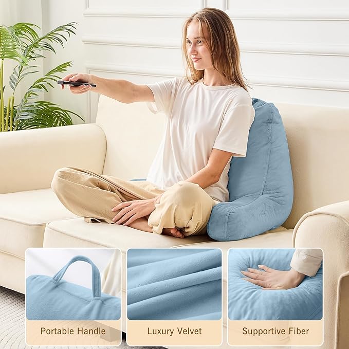 Sasttie Reading Pillow, Velvet Back Pillow for Bed Sitting Up, Adult Back-Rest Support Cushion with Arms for Sit Up on Couch, Sofa, and Floor, Dorm Essentials, Reading Accessories, Dusty Blue