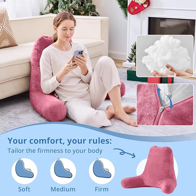Sasttie 25-inch Reading Pillows for Sitting in Bed Adult, Jumbo Velvet Back Pillow Bed Sitting Up, XL High Back-Rest Support Cushion for Sit Up on Couch & Floor, Oeko-Tex Certified, Rose Pink